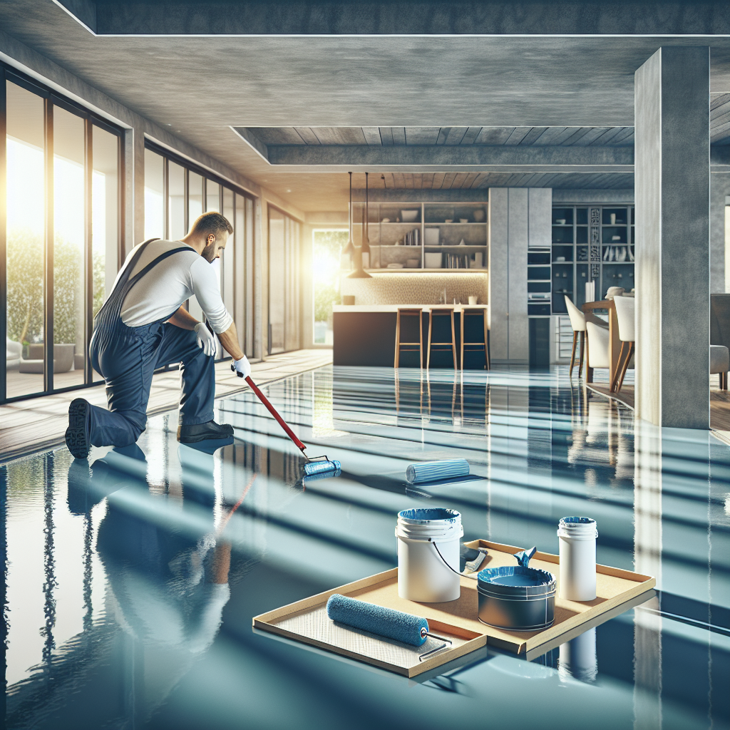 A worker applying a glossy epoxy floor in a modern home setting.