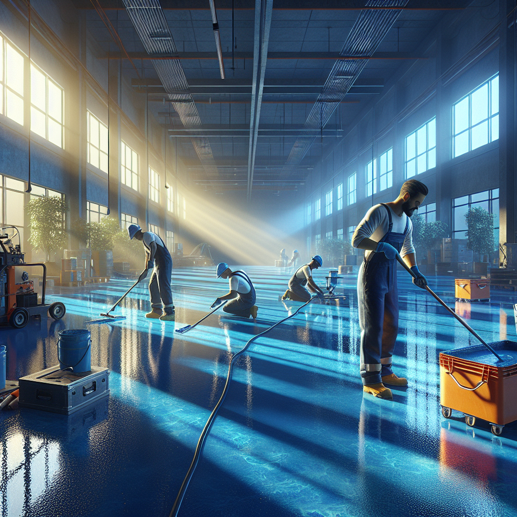 Workers installing a glossy blue epoxy floor in a commercial space.