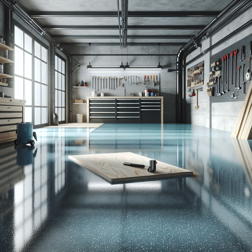 A modern garage showcasing a colorful glossy epoxy floor with tools and plywood boards.