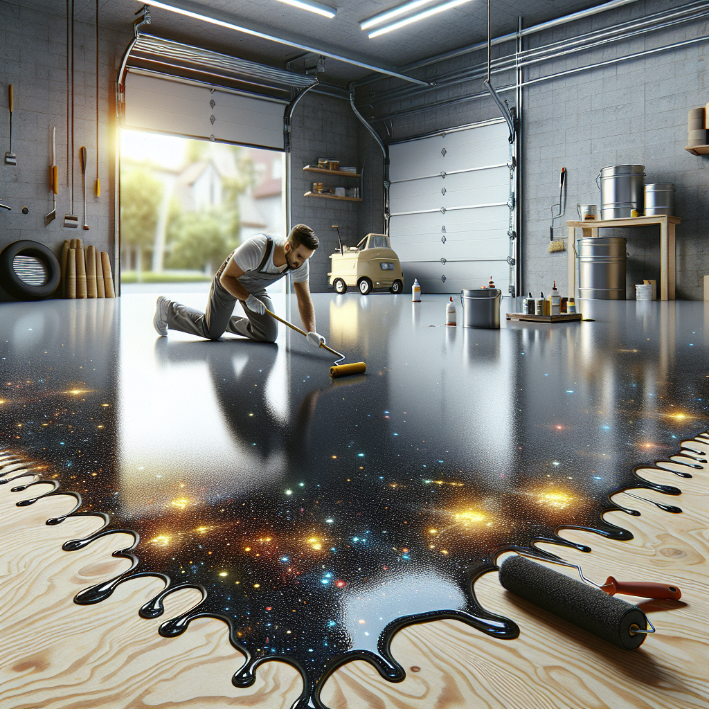 A garage floor with epoxy coating application process depicted realistically.