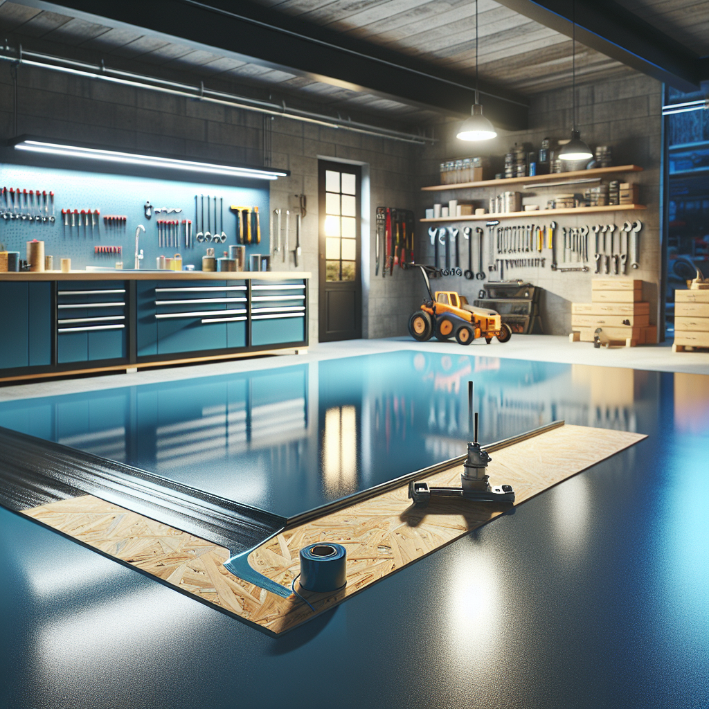 A modern garage floor with a glossy epoxy finish and a section of plywood being applied with epoxy.
