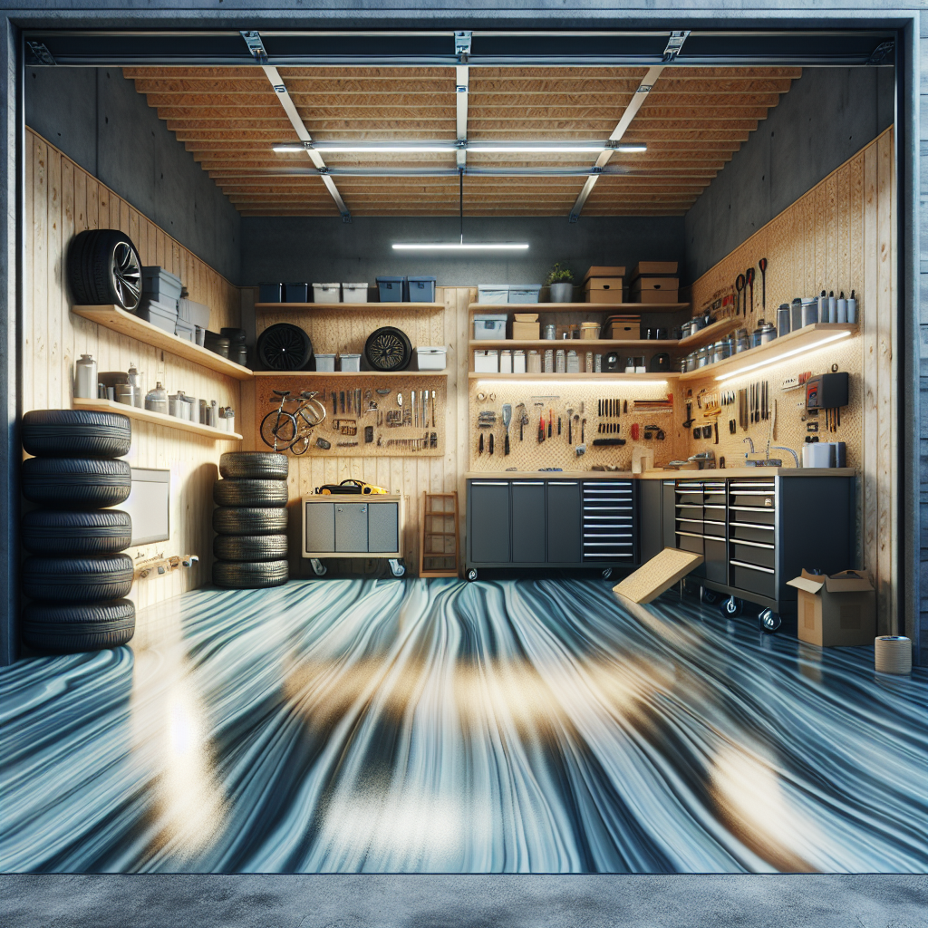 A garage floor with a glossy epoxy finish, showcasing a well-finished plywood surface.