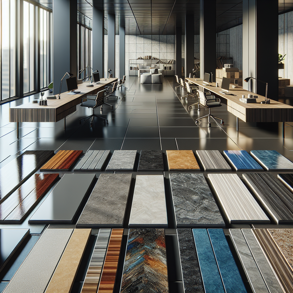 A modern workspace displaying various epoxy flooring samples with a clean and professional ambiance.