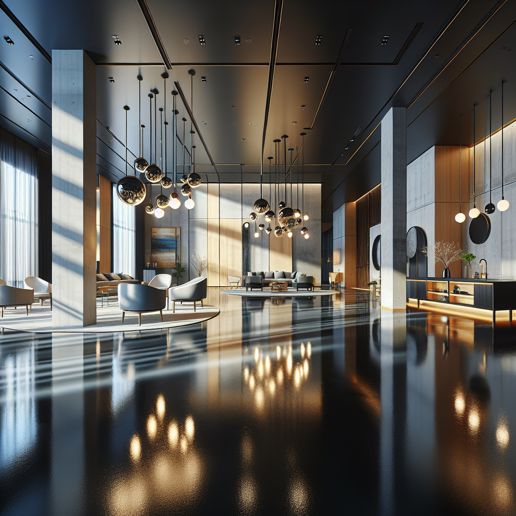 A modern interior featuring various epoxy flooring options.