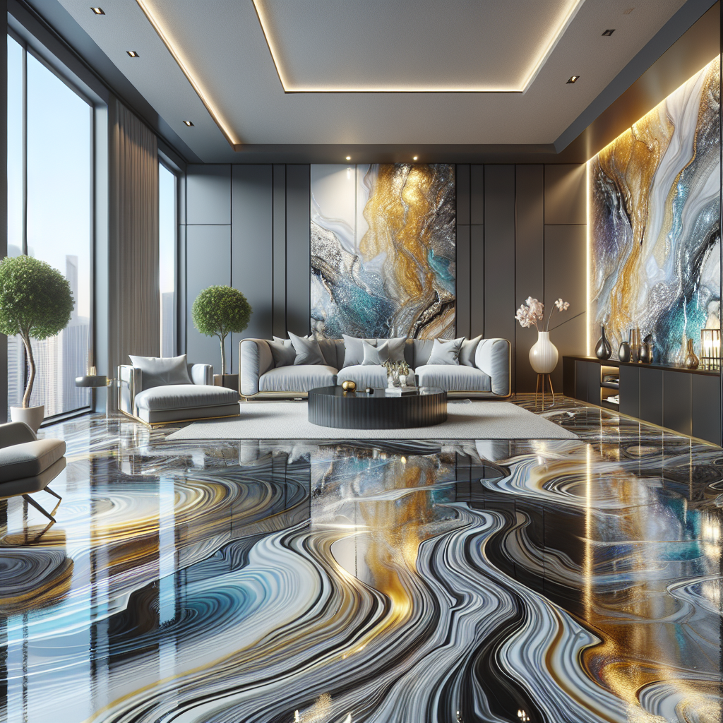 A luxurious metallic epoxy floor in a modern living room.