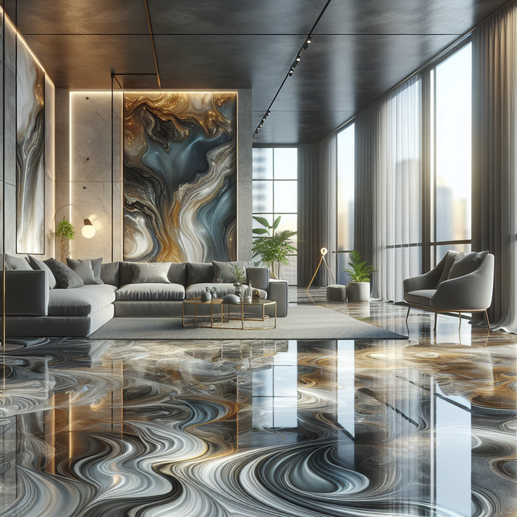 A realistic depiction of a metallic epoxy floor in a modern living room.