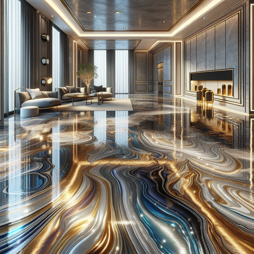 A luxurious metallic epoxy floor with a marble appearance in a modern interior.
