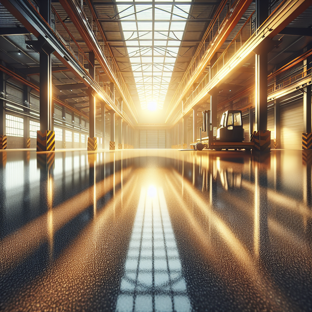 Realistic image of high-shine epoxy industrial flooring reflecting overhead lighting.