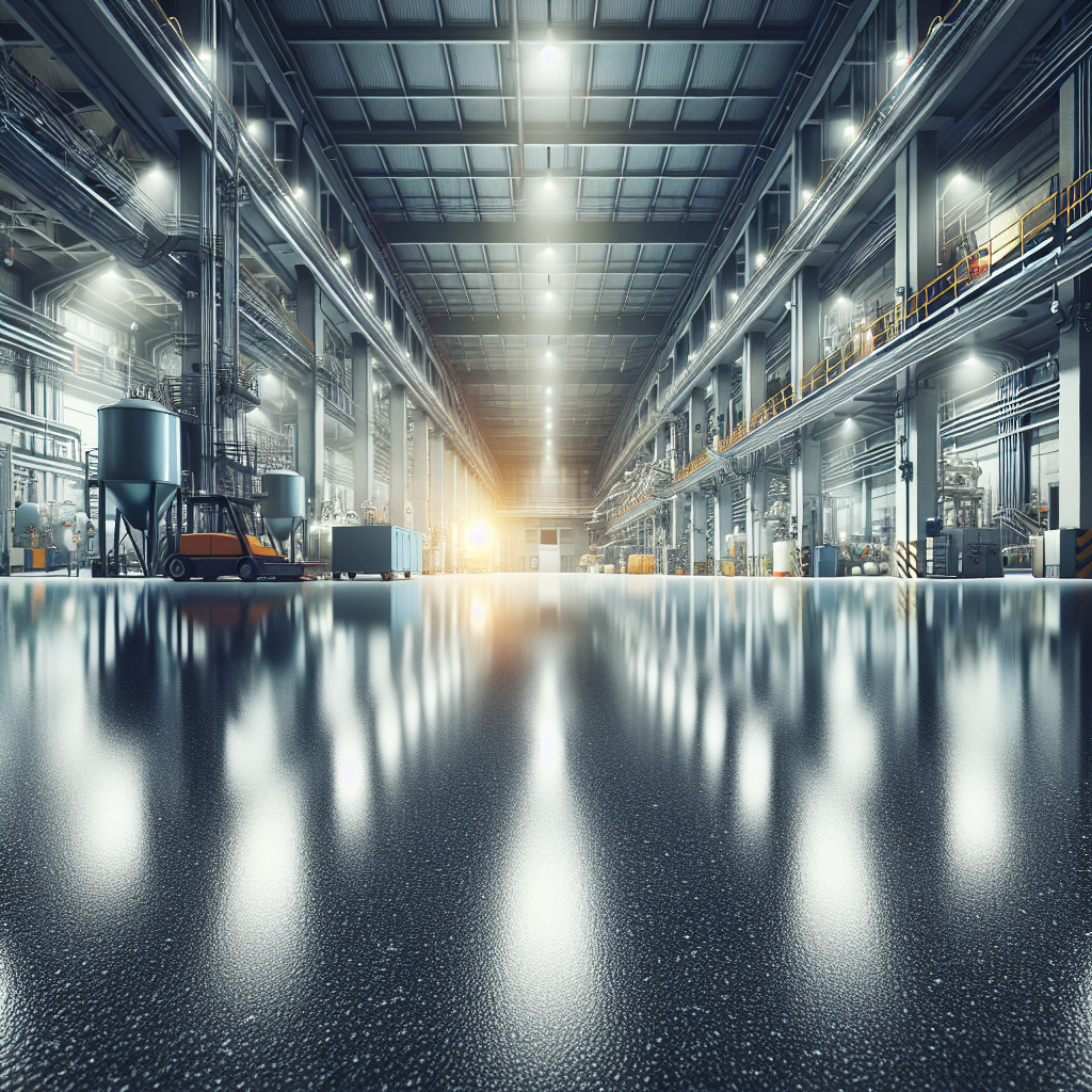 Realistic image of a glossy and smooth epoxy flooring with overhead lights reflecting on it, in an industrial environment.
