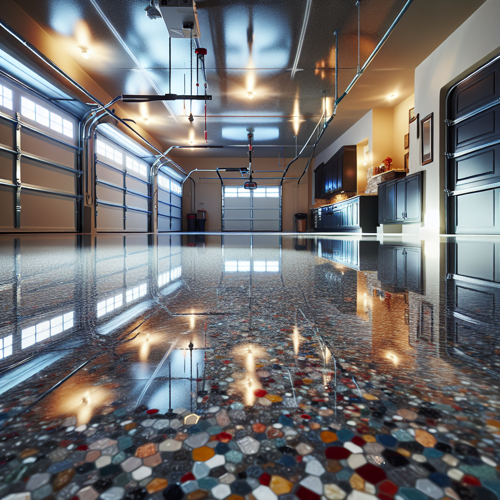Realistic image of a shiny epoxy garage floor reflecting the garage interior.