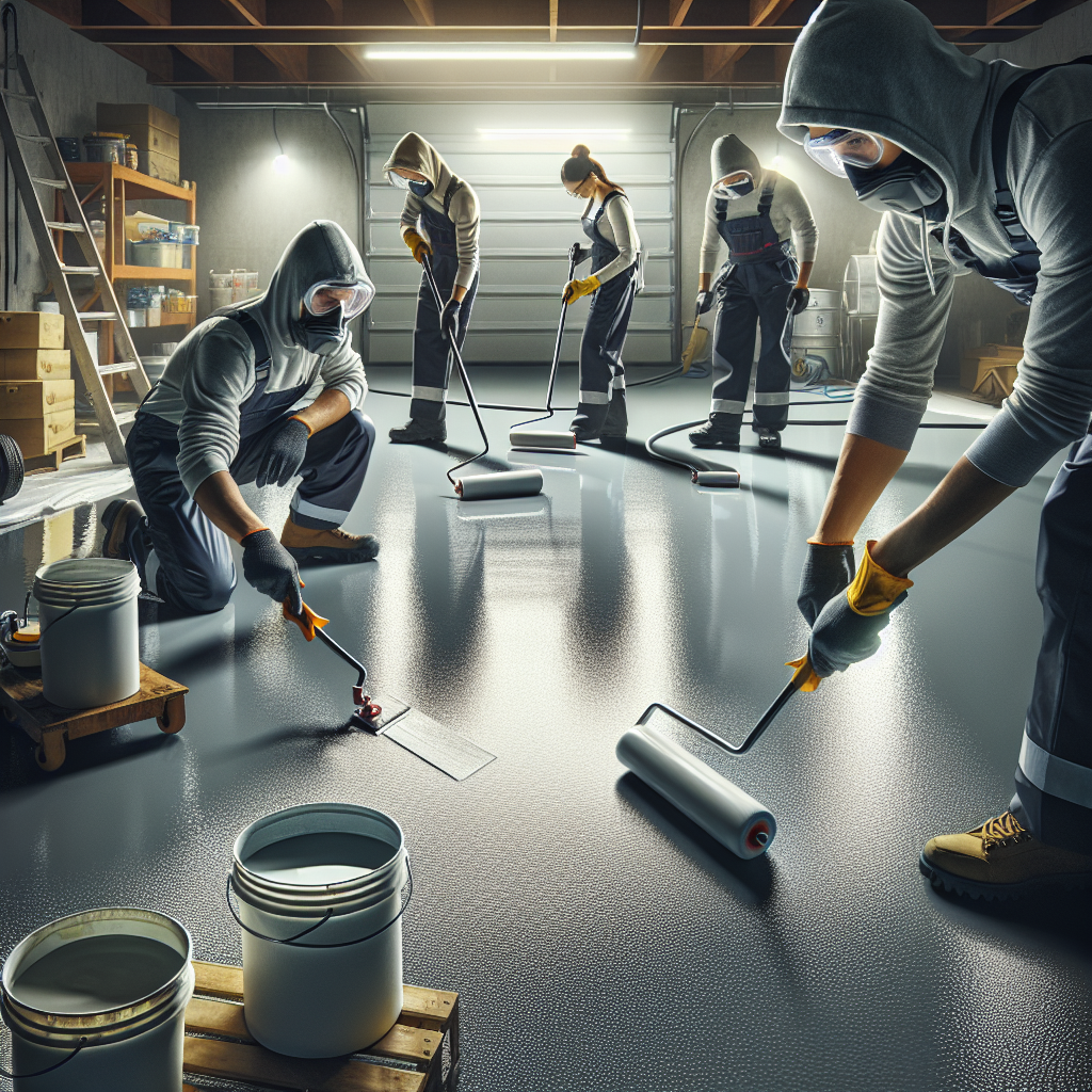 A realistic depiction of an epoxy garage floor installation with professional workers and equipment.