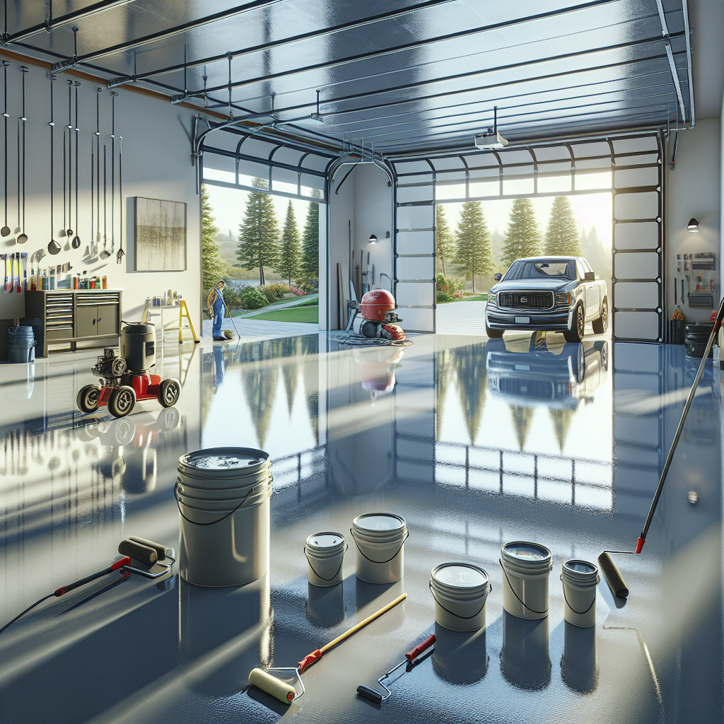 Realistic image of an epoxy garage floor installation with glossy finish and tools.