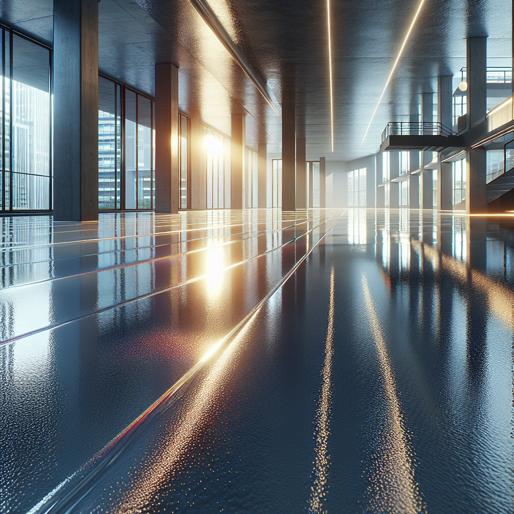Realistic image of a glossy epoxy-coated floor with light reflections and subtle textures.
