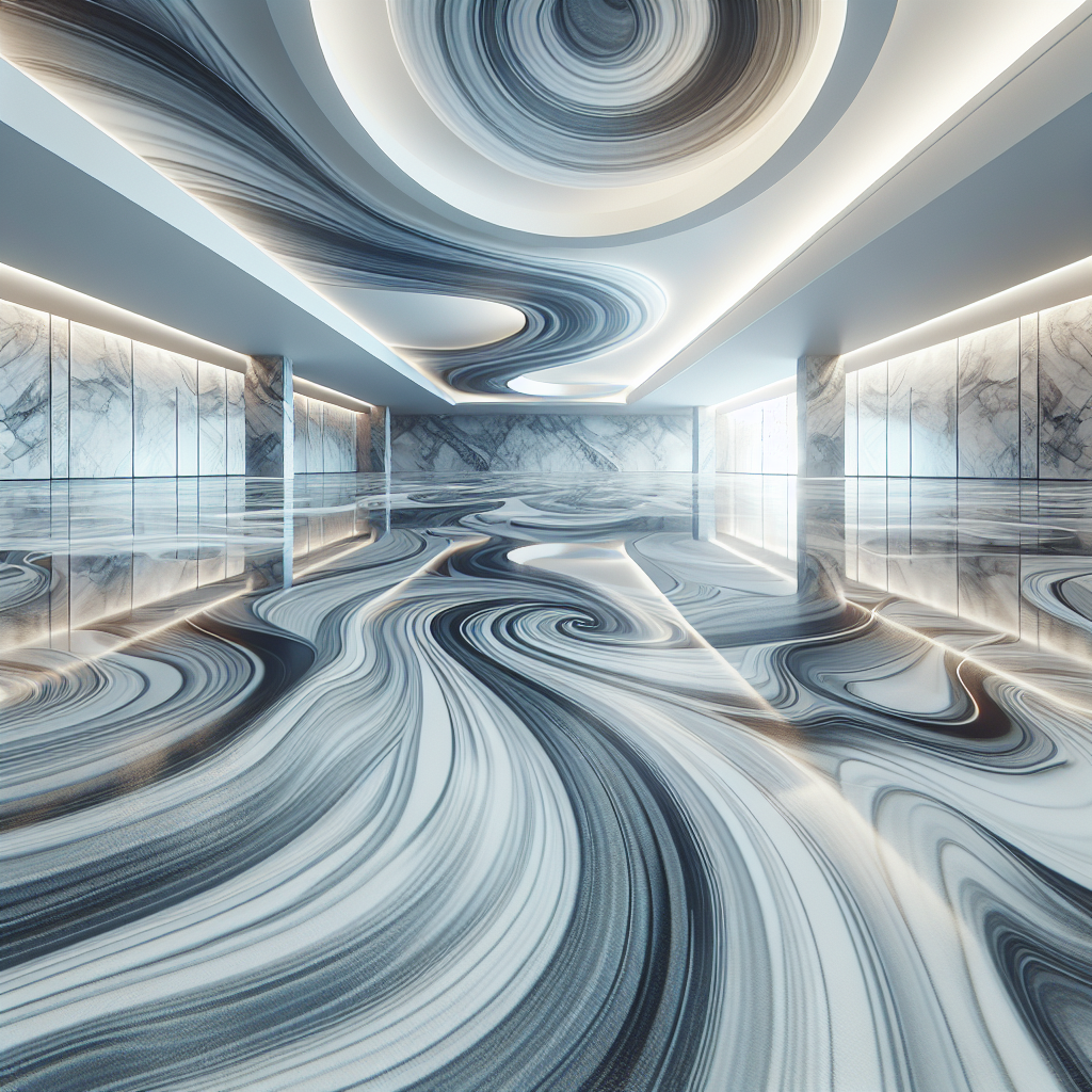 A realistic image of a high gloss epoxy floor with a swirled marble-like pattern in gray and white.