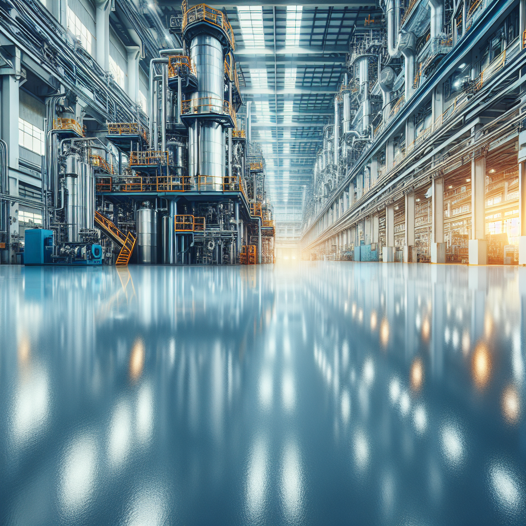 Realistically rendered image of a glossy epoxy-coated industrial floor in a factory setting.
