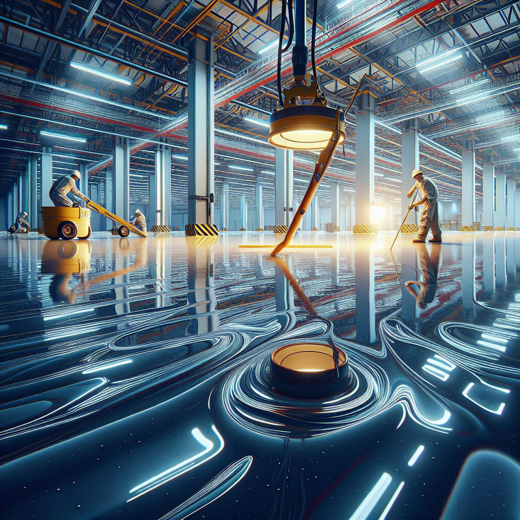 A realistic image of an epoxy floor installation process with glossy finish and subtle reflections.