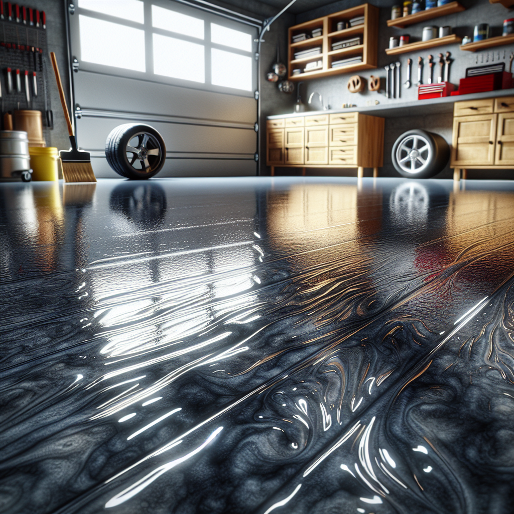 Realistic image of a glossy epoxy-coated garage floor with detailed textures.