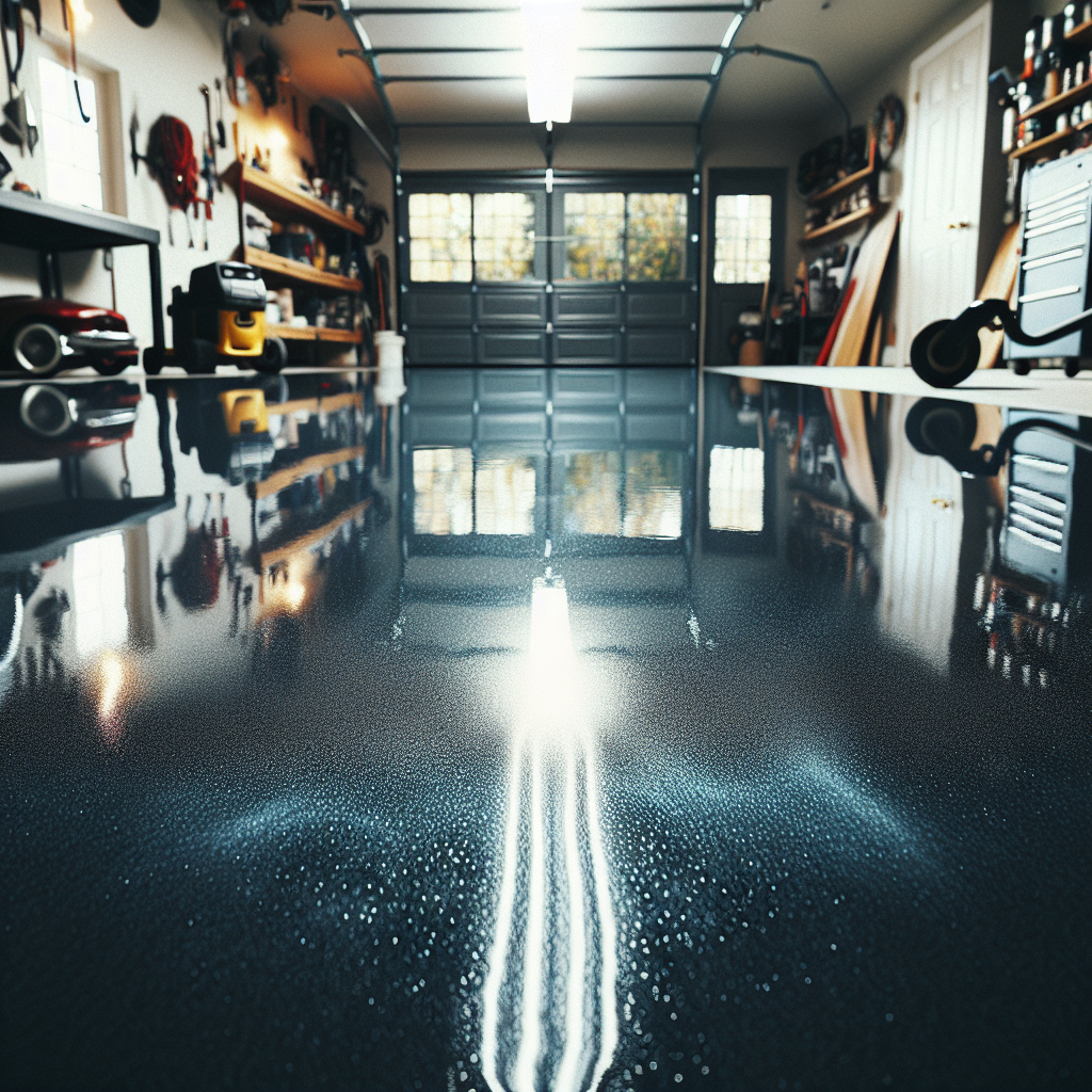 An image of a shiny, smooth, professionally done epoxy garage floor with realistic reflections and glossy finish.