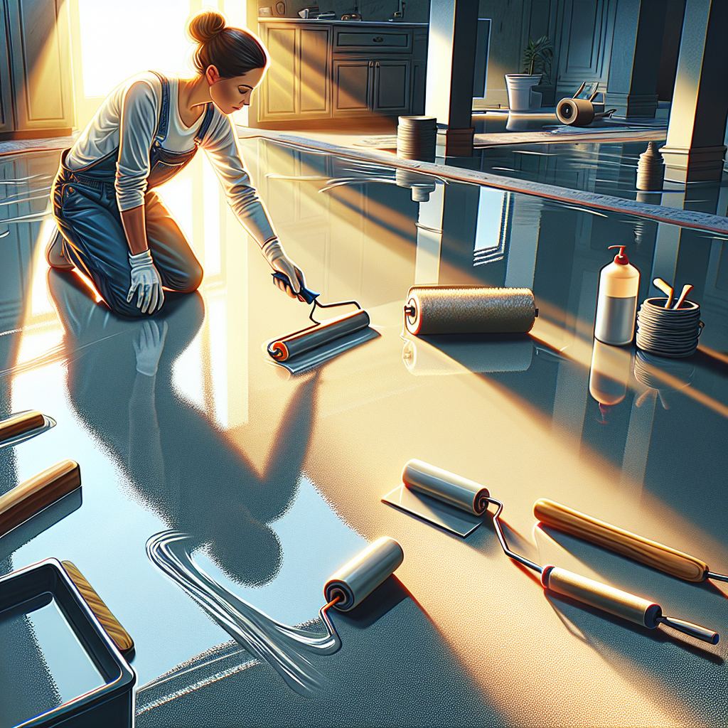 A realistic image of a professional installing epoxy flooring, with a focus on the tools and the glossy surface.