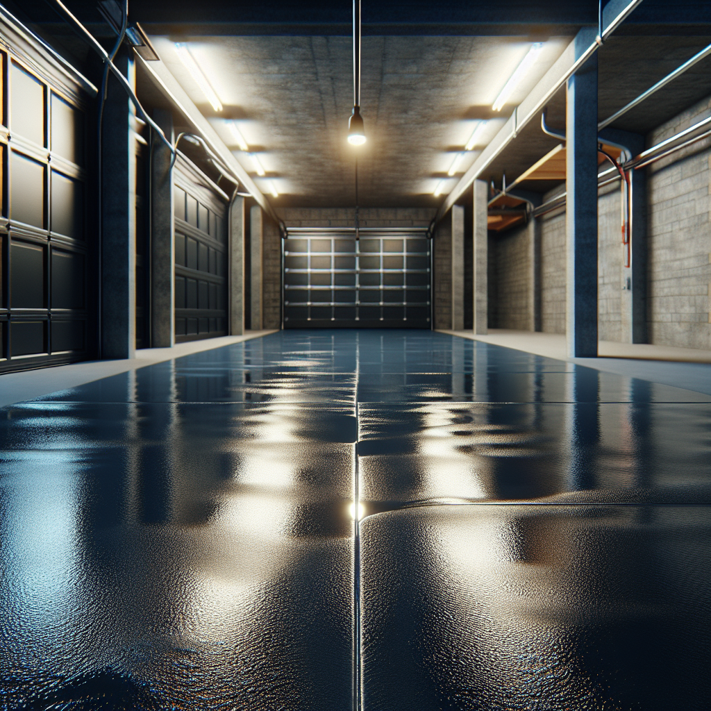 Realistic image of a high-gloss, seamless epoxied garage floor similar to the provided reference.