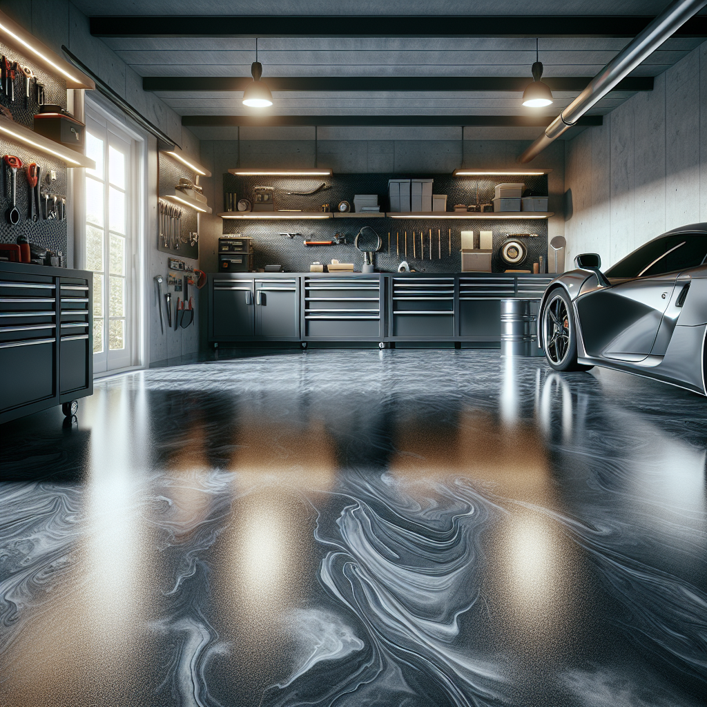 A realistic image of a shiny epoxy garage floor in a well-organized garage.