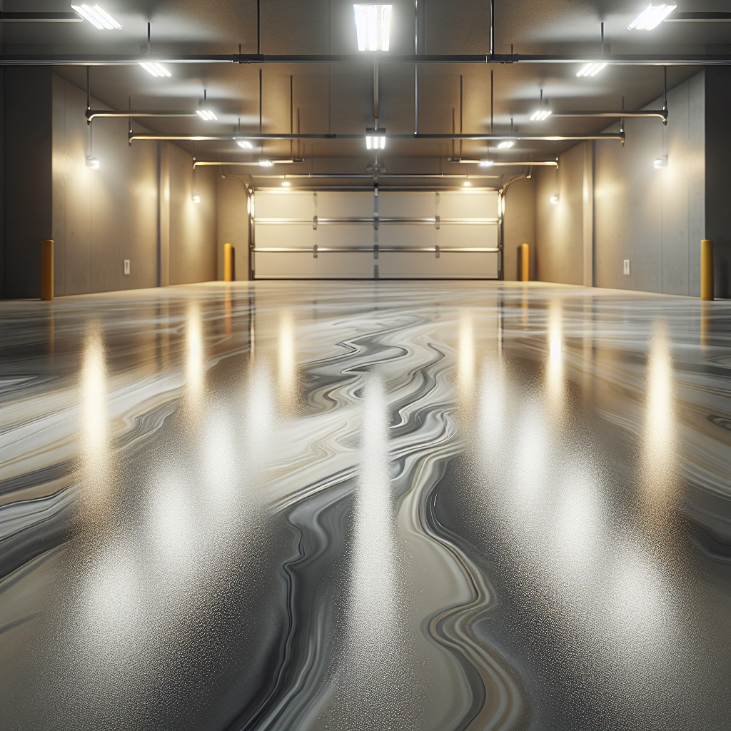 Realistic image of a high-gloss, epoxy coated garage floor with a smooth blend of neutral colors and natural lighting.