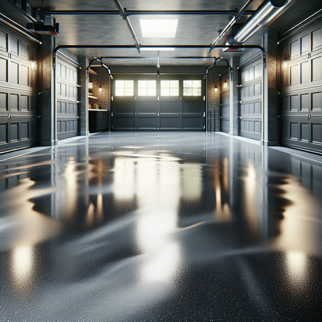 Realistic epoxy garage floor with a glossy finish and metallic flecks.