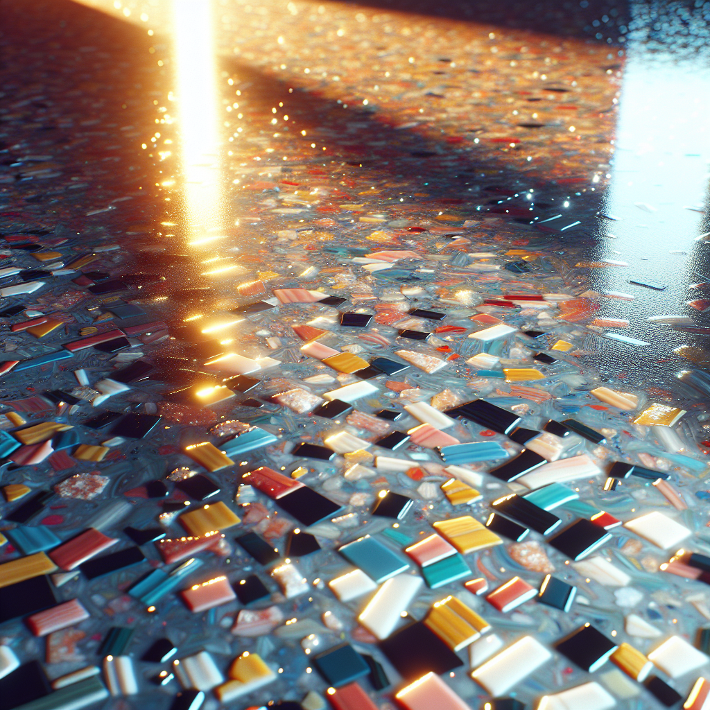 Realistic depiction of glossy epoxy flake flooring with multicolored flakes.
