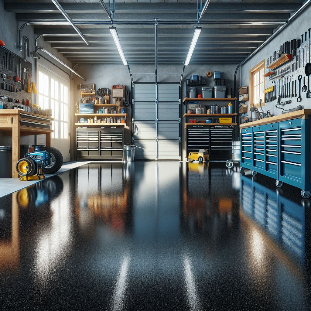 A well-maintained garage with a glossy epoxy floor, featuring tools, workbench, and organized shelves.