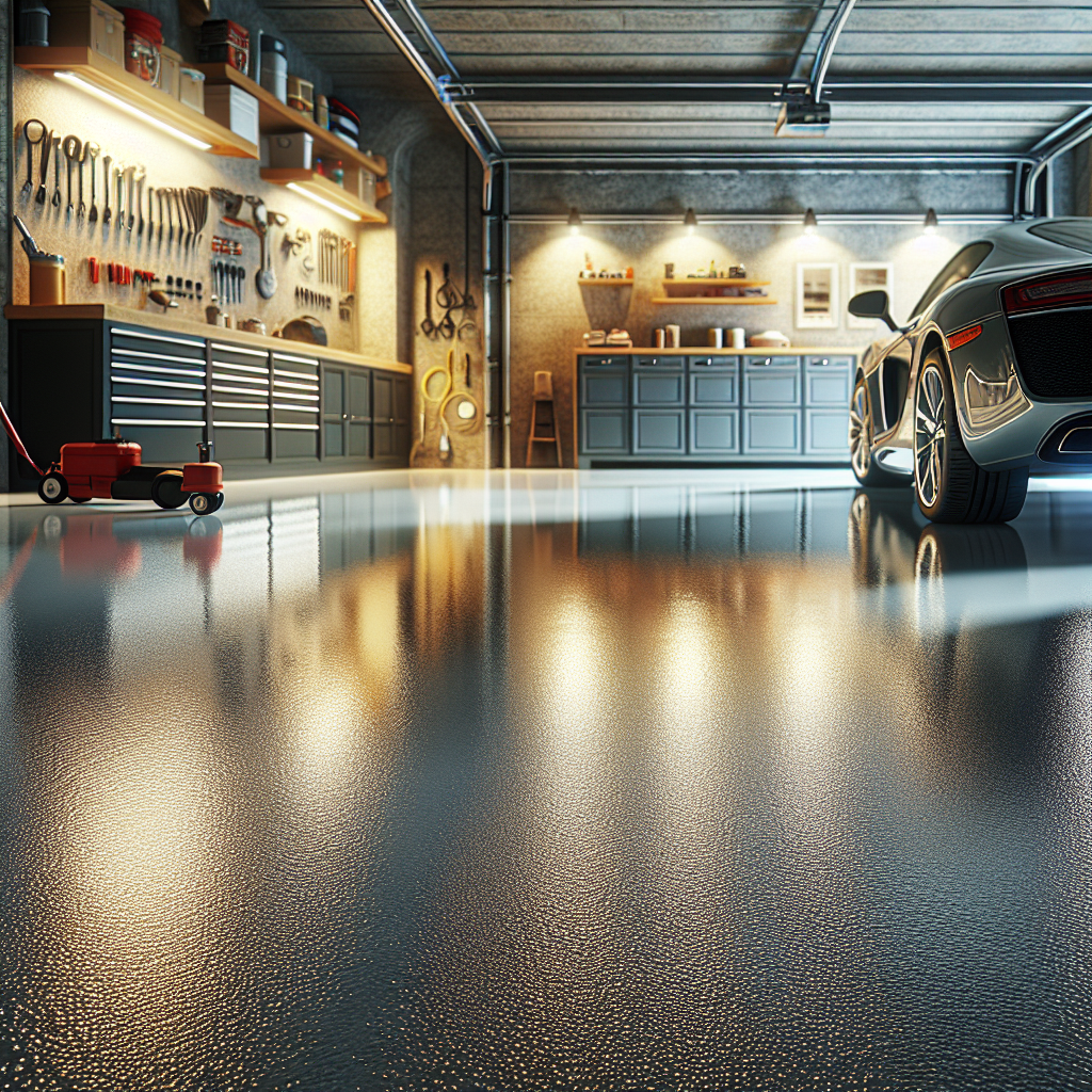 A realistic image of an epoxy-coated garage floor.