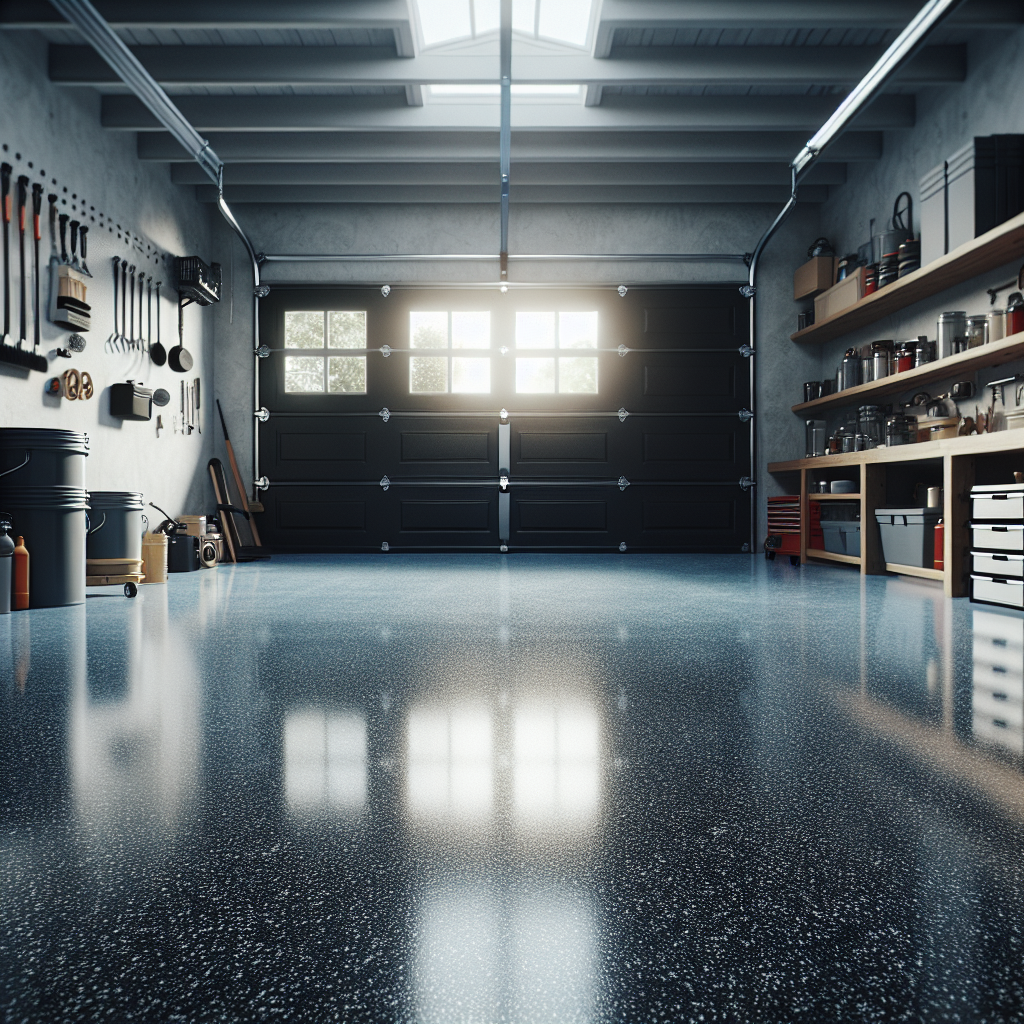 A realistic depiction of an epoxy-coated garage floor with a glossy, speckled finish in shades of gray and dark blue.