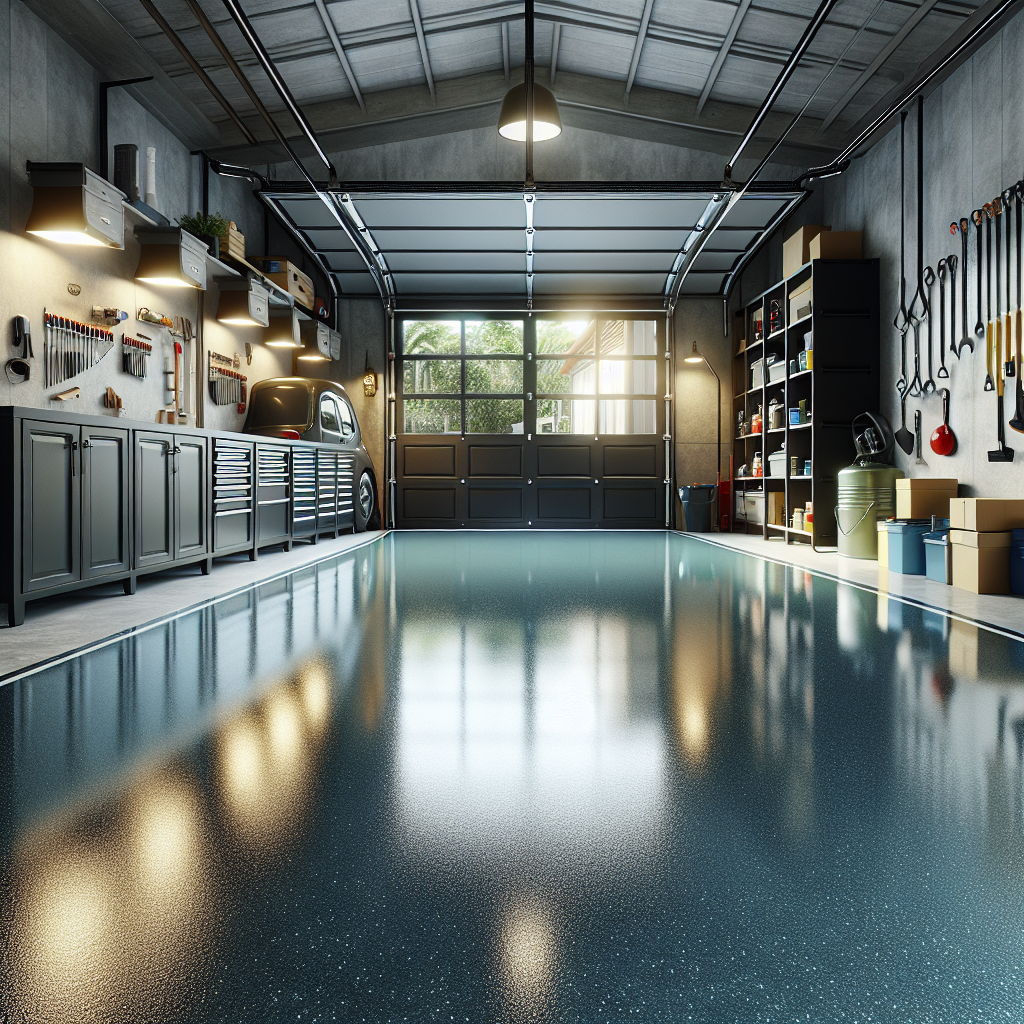 Realistic image of an epoxy-coated garage floor.