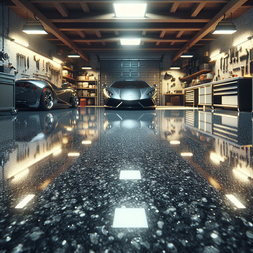 Realistic image of a polished granite garage floor, highlighting its smooth and reflective texture.