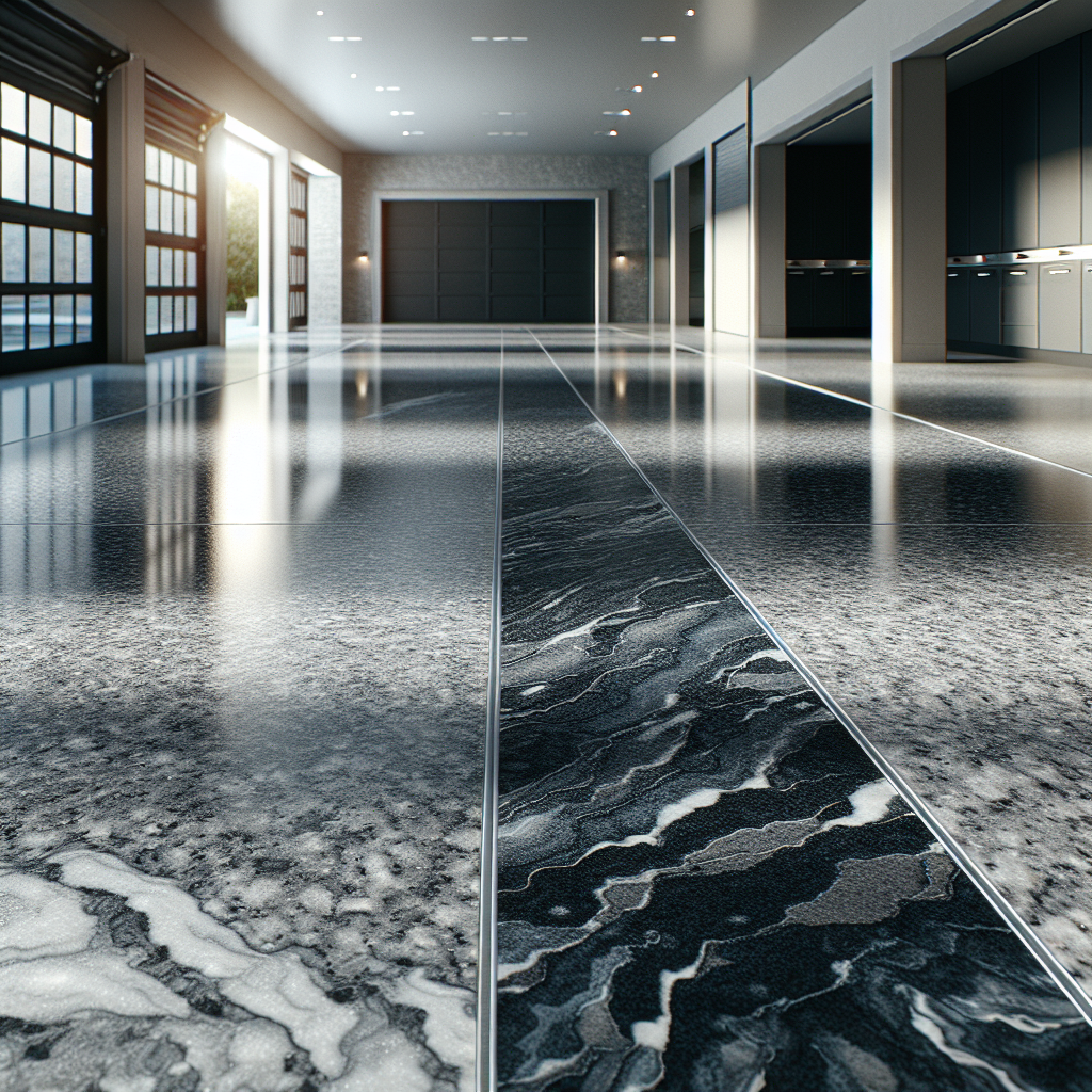 Realistic depiction of a granite-like garage floor inside a modern garage.