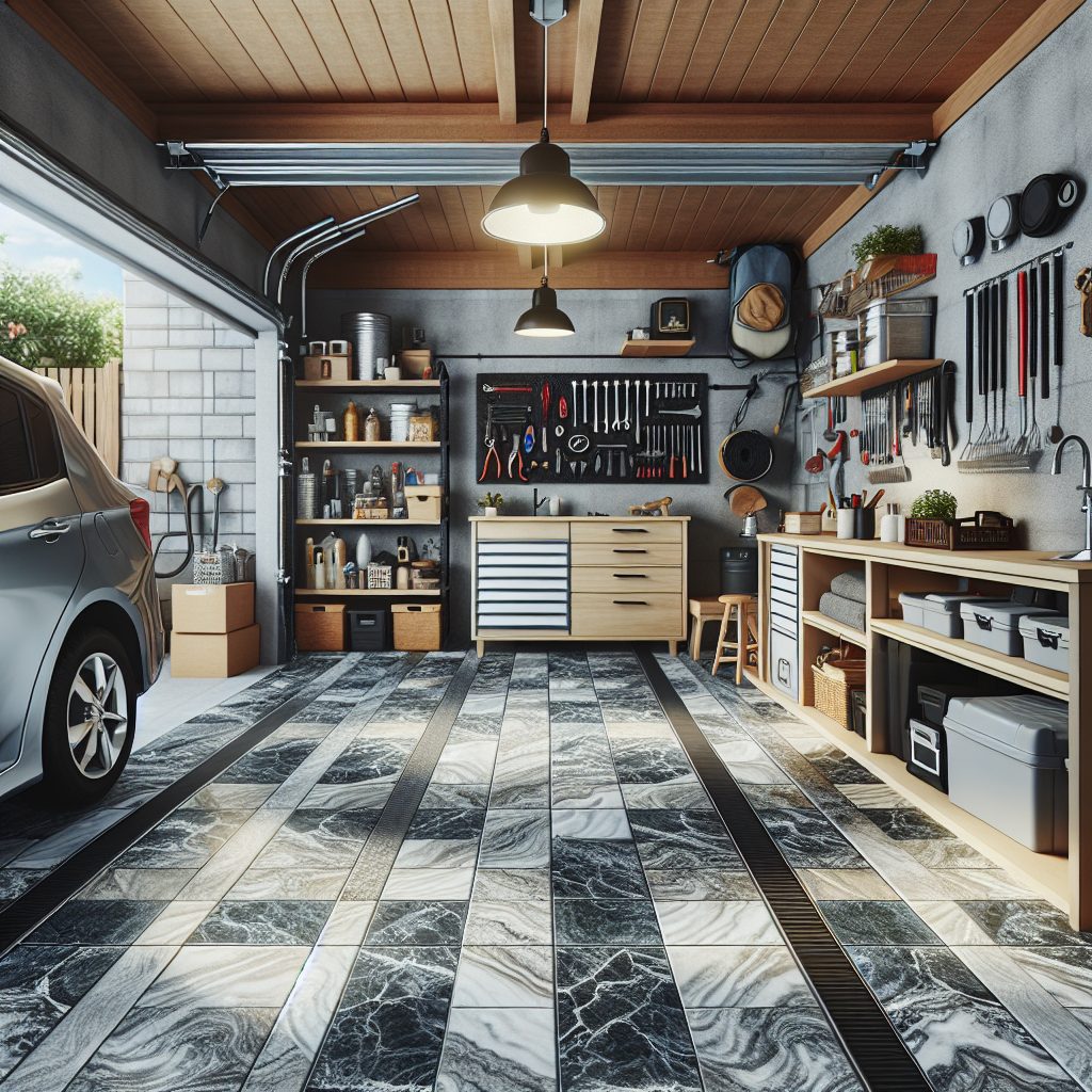 A realistic depiction of a granite-tiled garage floor with a car, workbench, and storage shelves.