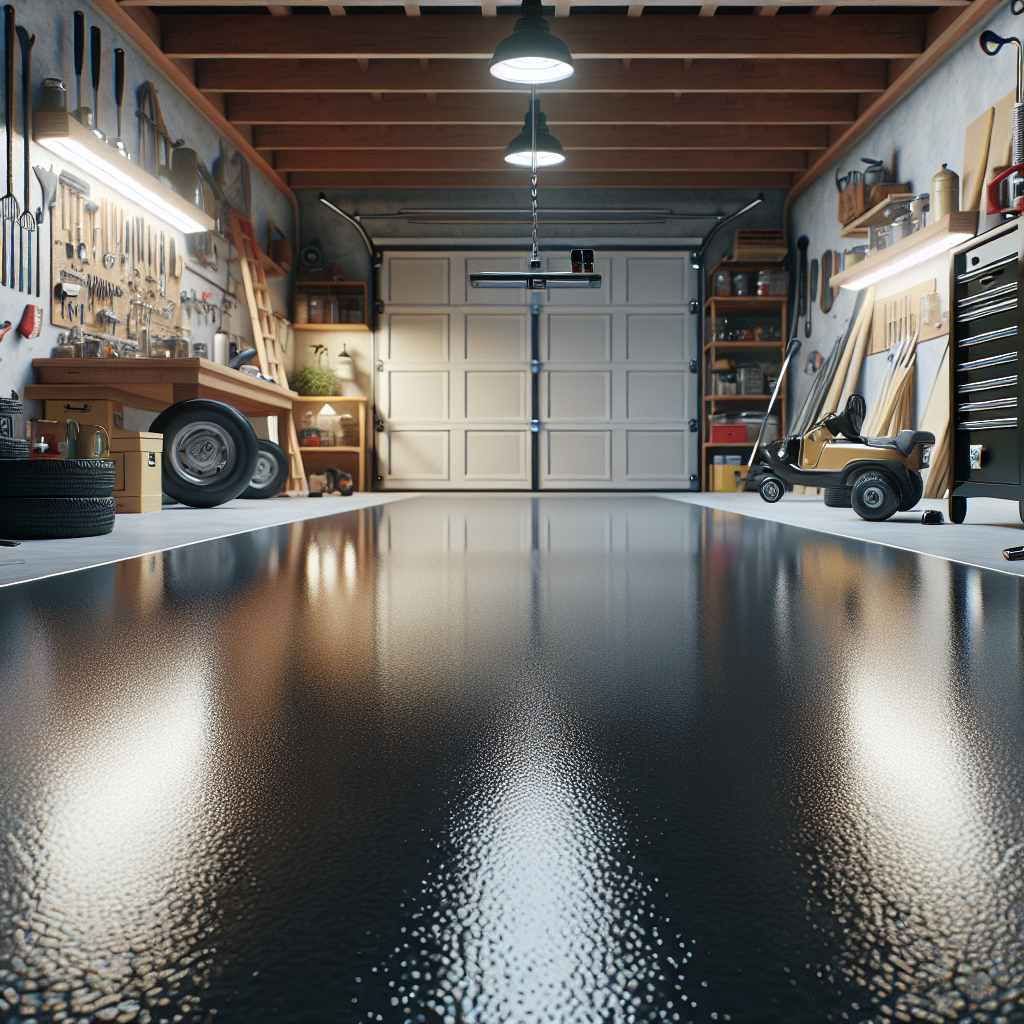 A realistic epoxy garage floor with smooth, shiny surface in a well-organized garage.