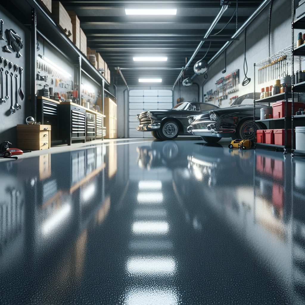 An epoxy garage floor with reflective sheen and typical garage elements.