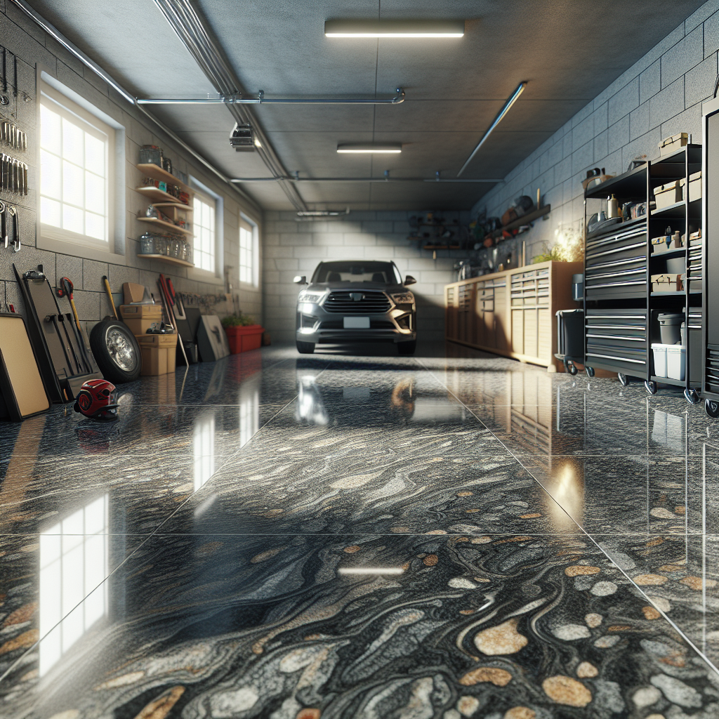 A realistic depiction of a granite garage floor with natural lighting.
