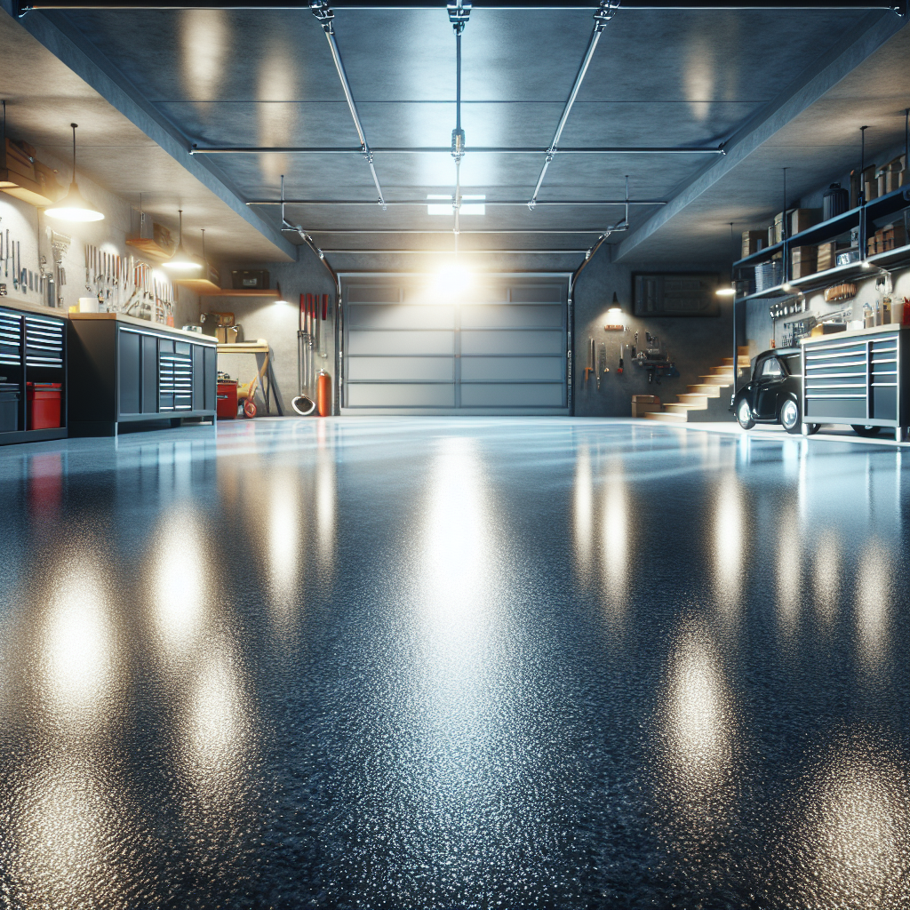 A realistic depiction of an epoxy garage floor with a smooth, glossy surface and light reflections.