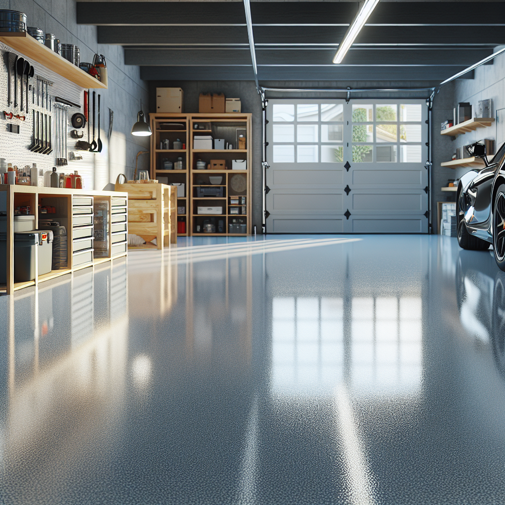 A realistic image of an epoxy garage floor showcasing a polished, reflective finish in a clean and organized garage.