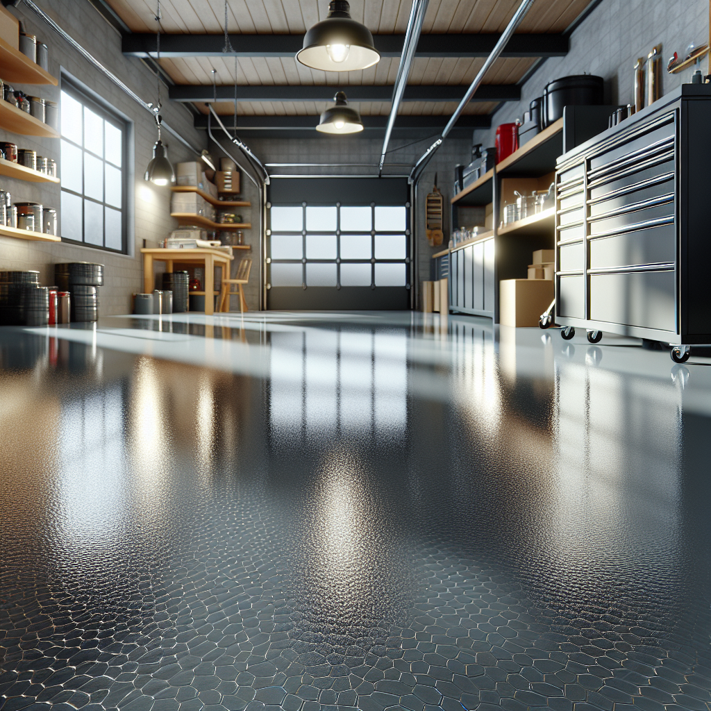 A realistic depiction of an epoxy garage floor with a smooth, glossy finish.