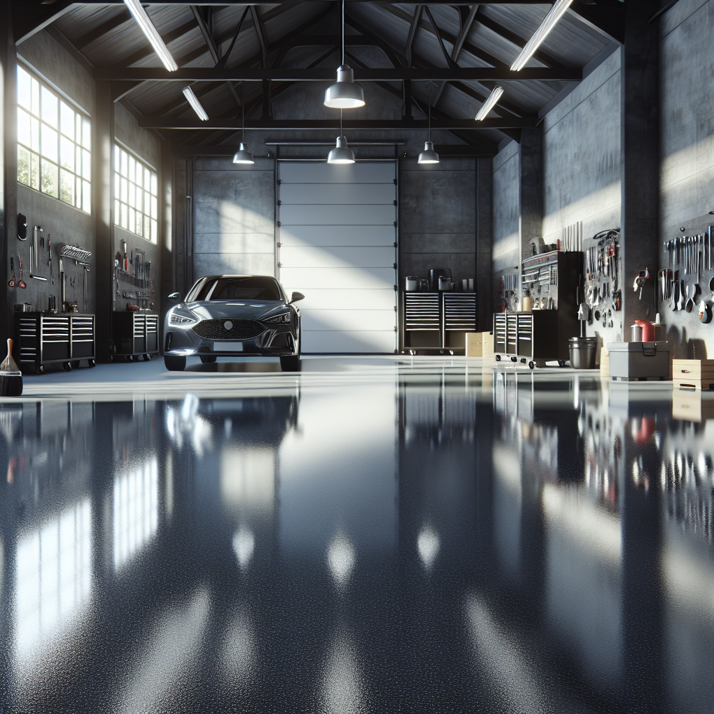 A realistic epoxy garage floor with a glossy finish.