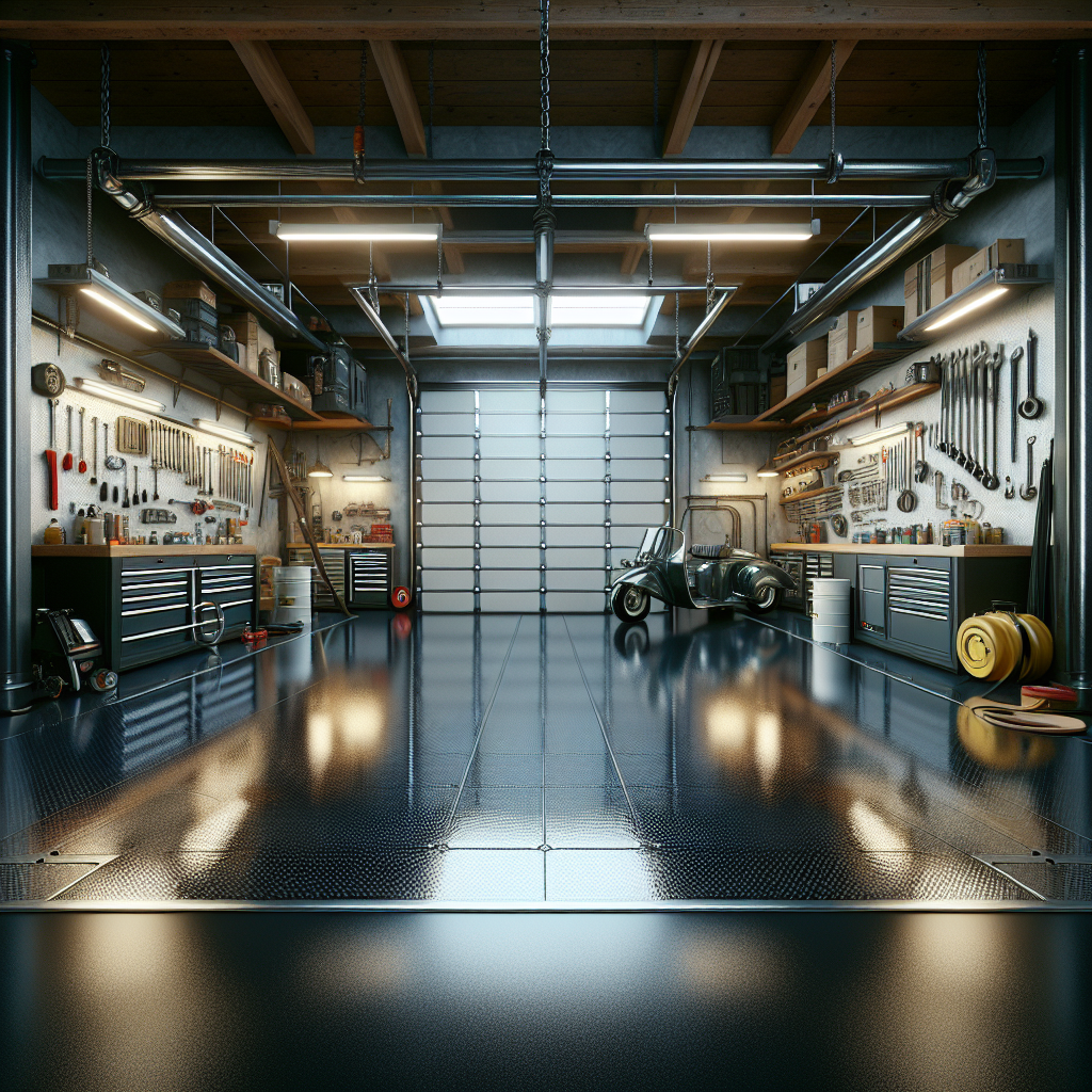 A realistic depiction of an epoxy garage floor with a glossy finish.