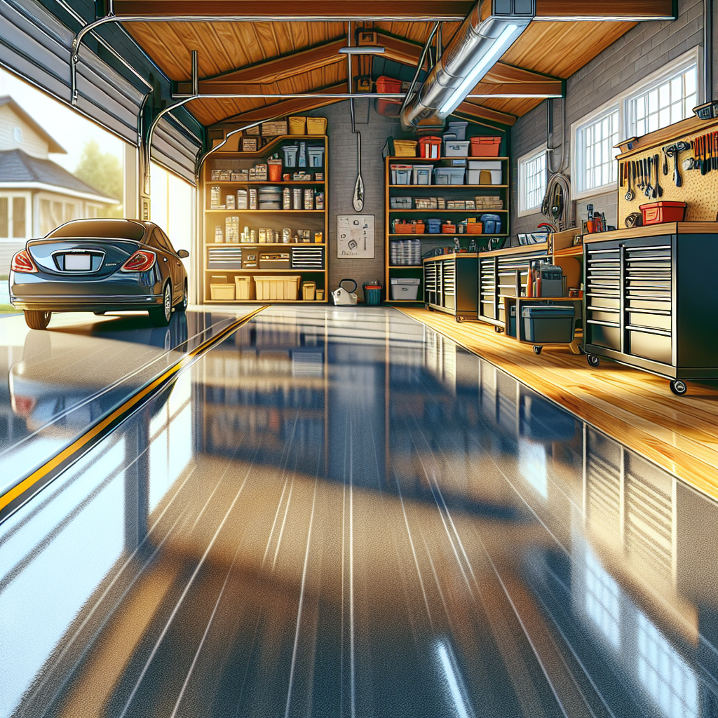 Realistic depiction of an epoxy garage floor with a glossy finish in a clean, organized garage.