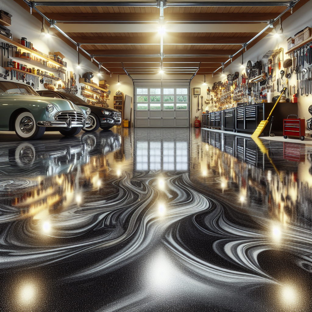 A realistic depiction of an epoxy-coated garage floor, shiny and smooth, with garage items around.