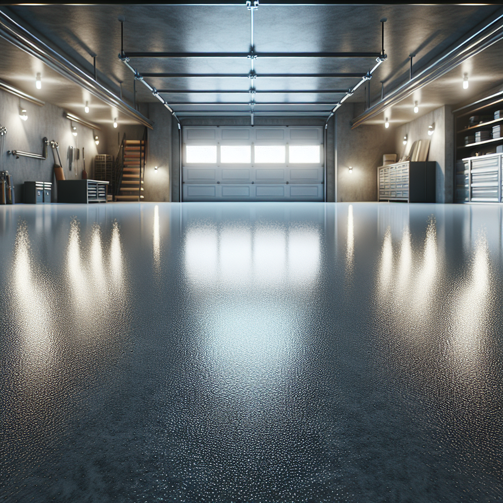 A realistic depiction of a pristine epoxy garage floor.
