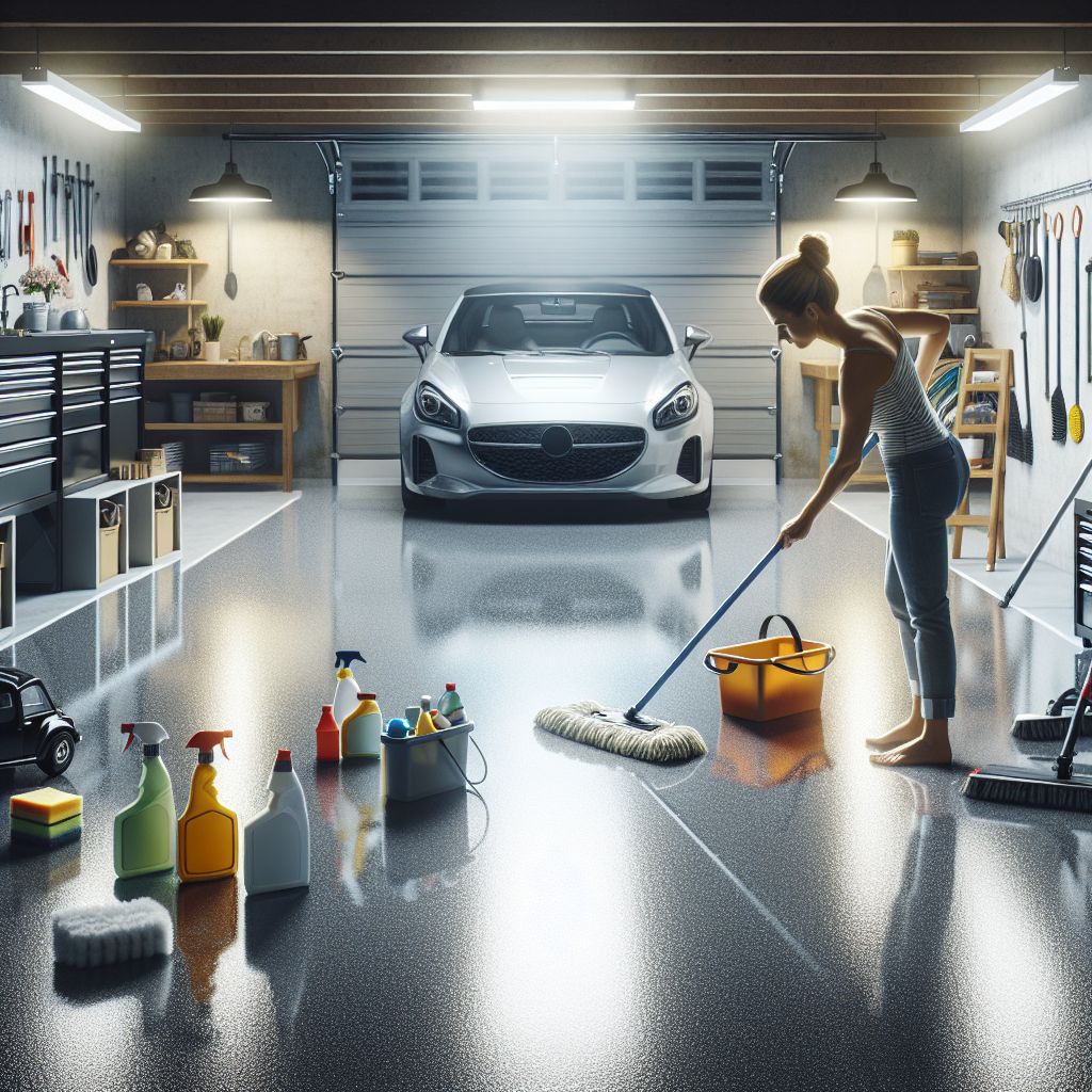 A realistic image of an epoxy garage floor being cleaned.
