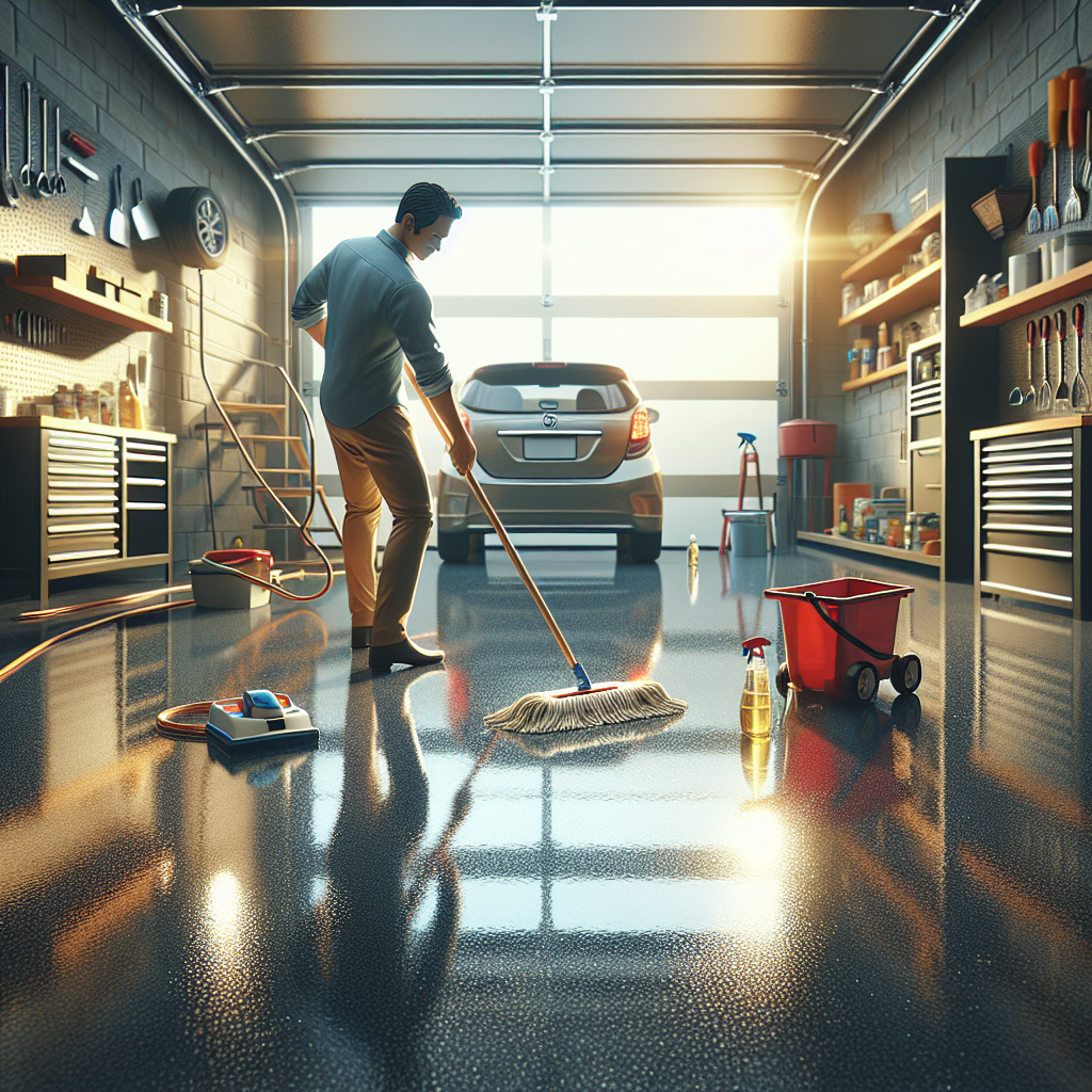 Realistic image of cleaning an epoxy garage floor.