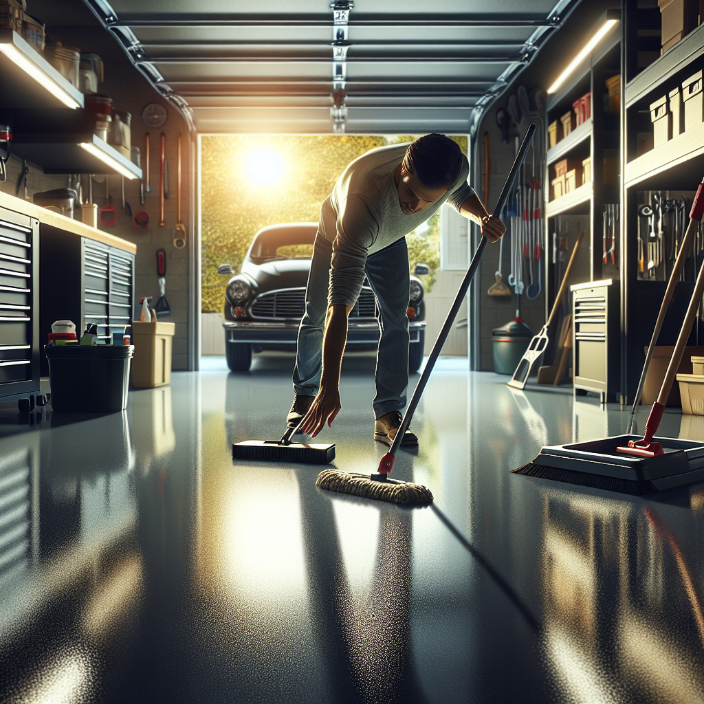 A realistic image of a clean epoxy garage floor being mopped, highlighting its shiny surface.