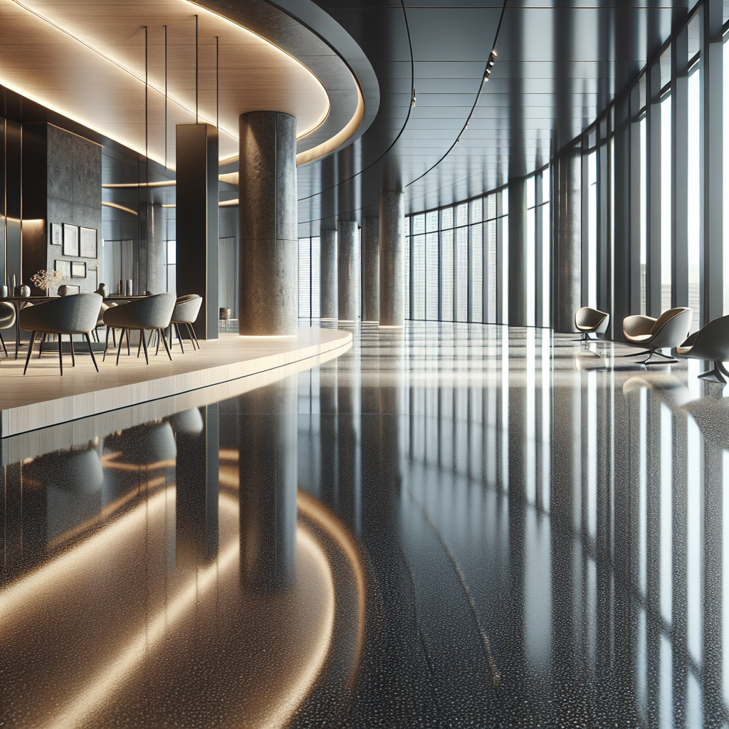 A realistic image of an epoxy floor in a modern interior setting.